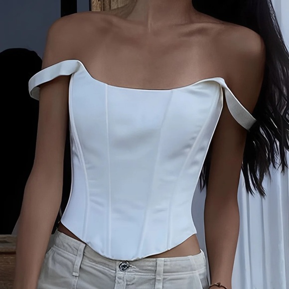 Commense White Satin Square Neck lace up Corset Tank Top - Picture 2 of 8